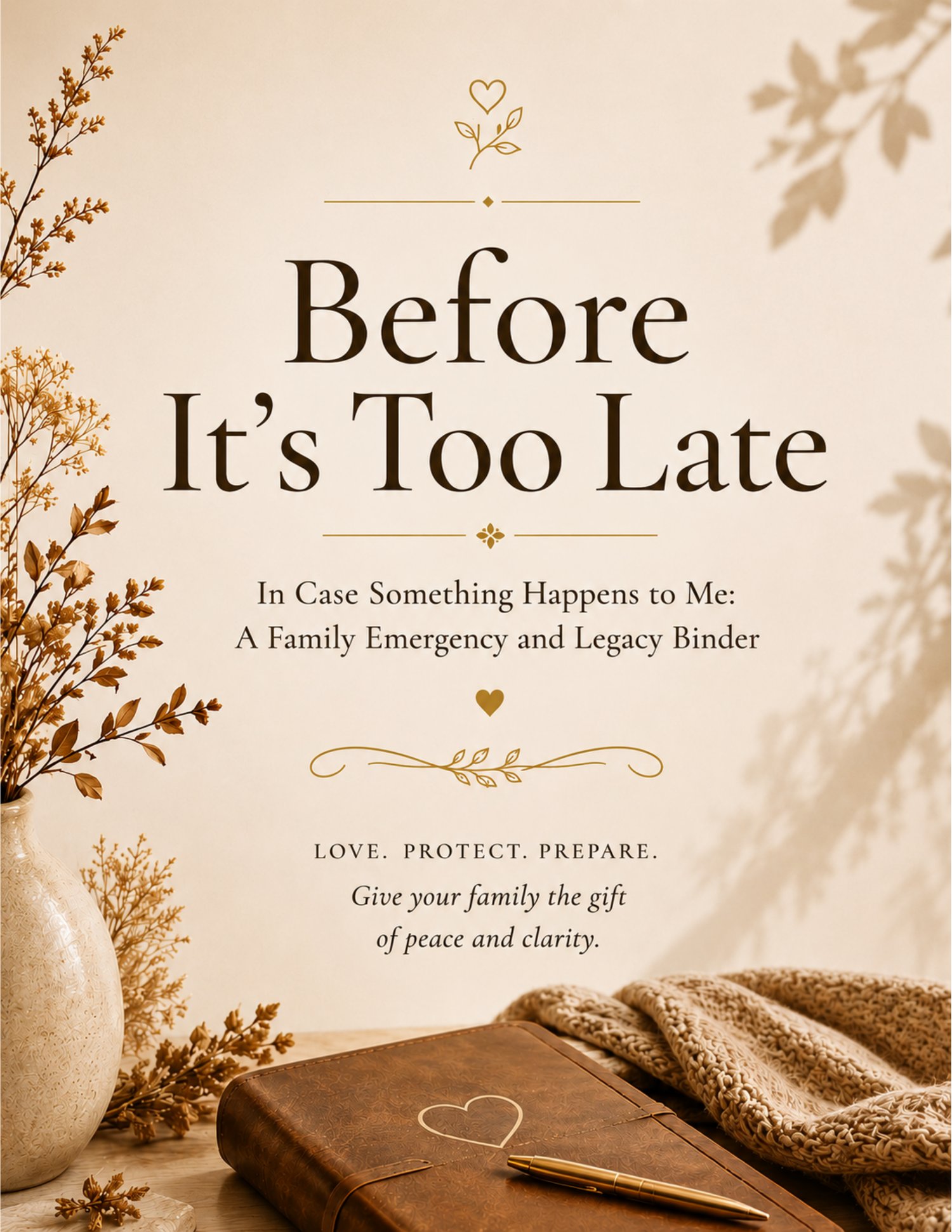 Elegant ‘Before It’s Too Late’ family emergency and legacy binder cover with warm neutral tones, leather journal, and message about protecting loved ones and preparing important life information.