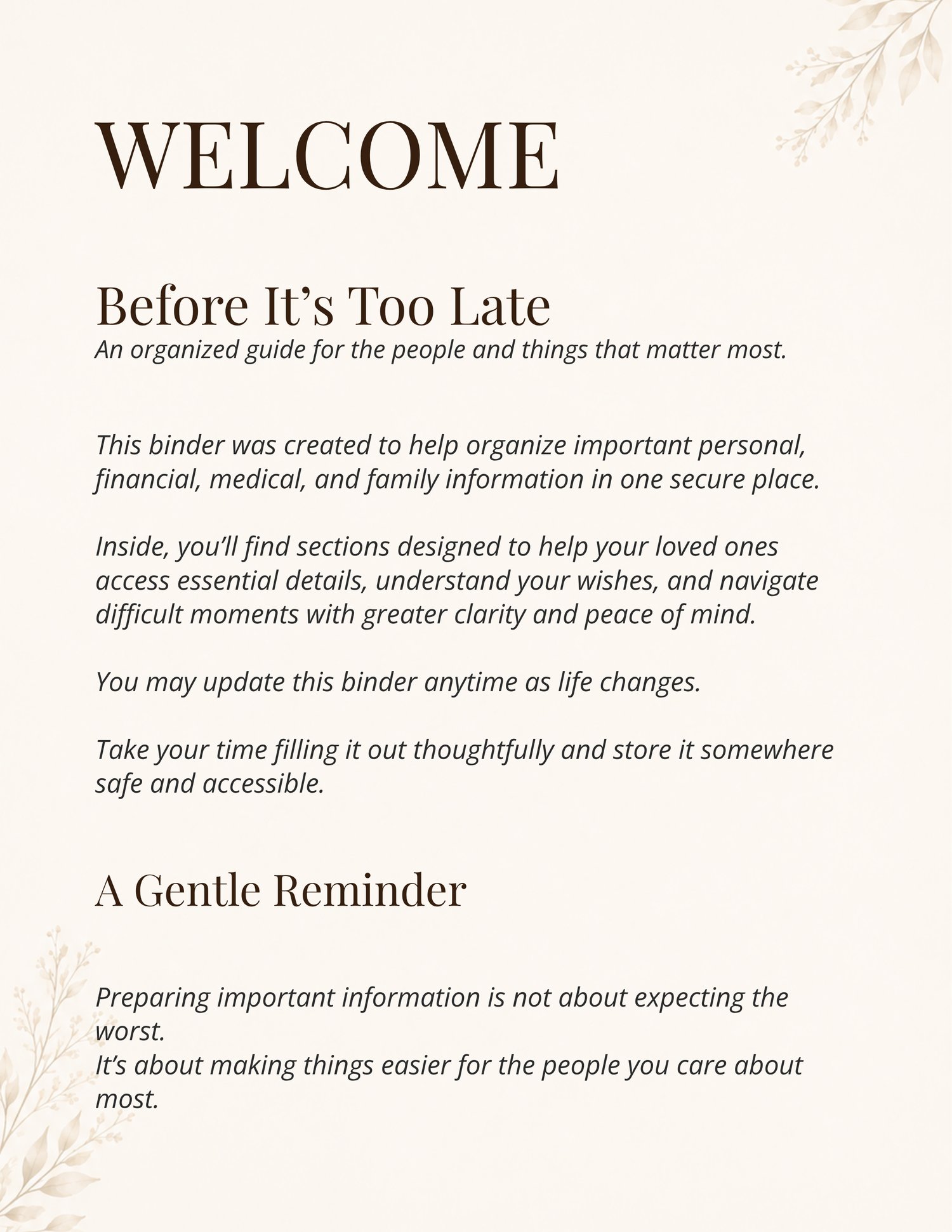 Before It’s Too Late welcome page with a gentle reminder message, soft neutral aesthetic design, and emotional introduction to a family legacy and emergency binder.