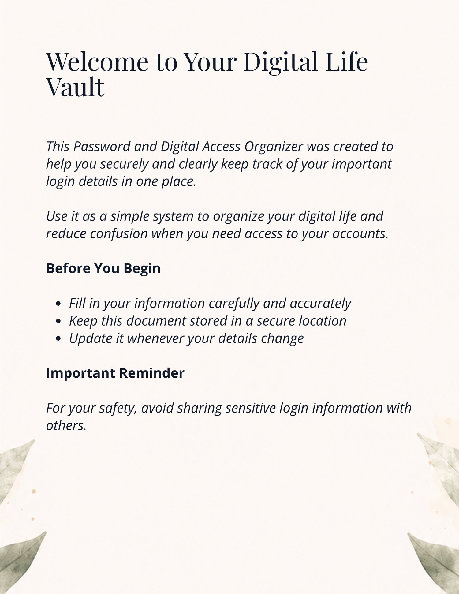 Digital Life Vault welcome page with elegant minimalist design and secure message introducing a password and digital access organizer for managing online accounts safely.