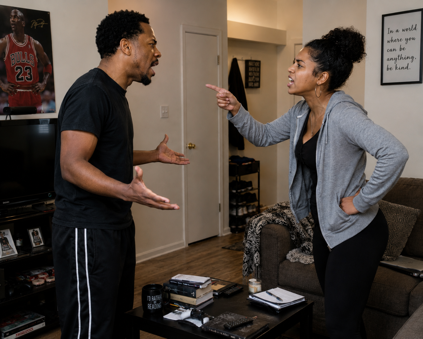 Heated argument in a cluttered living room