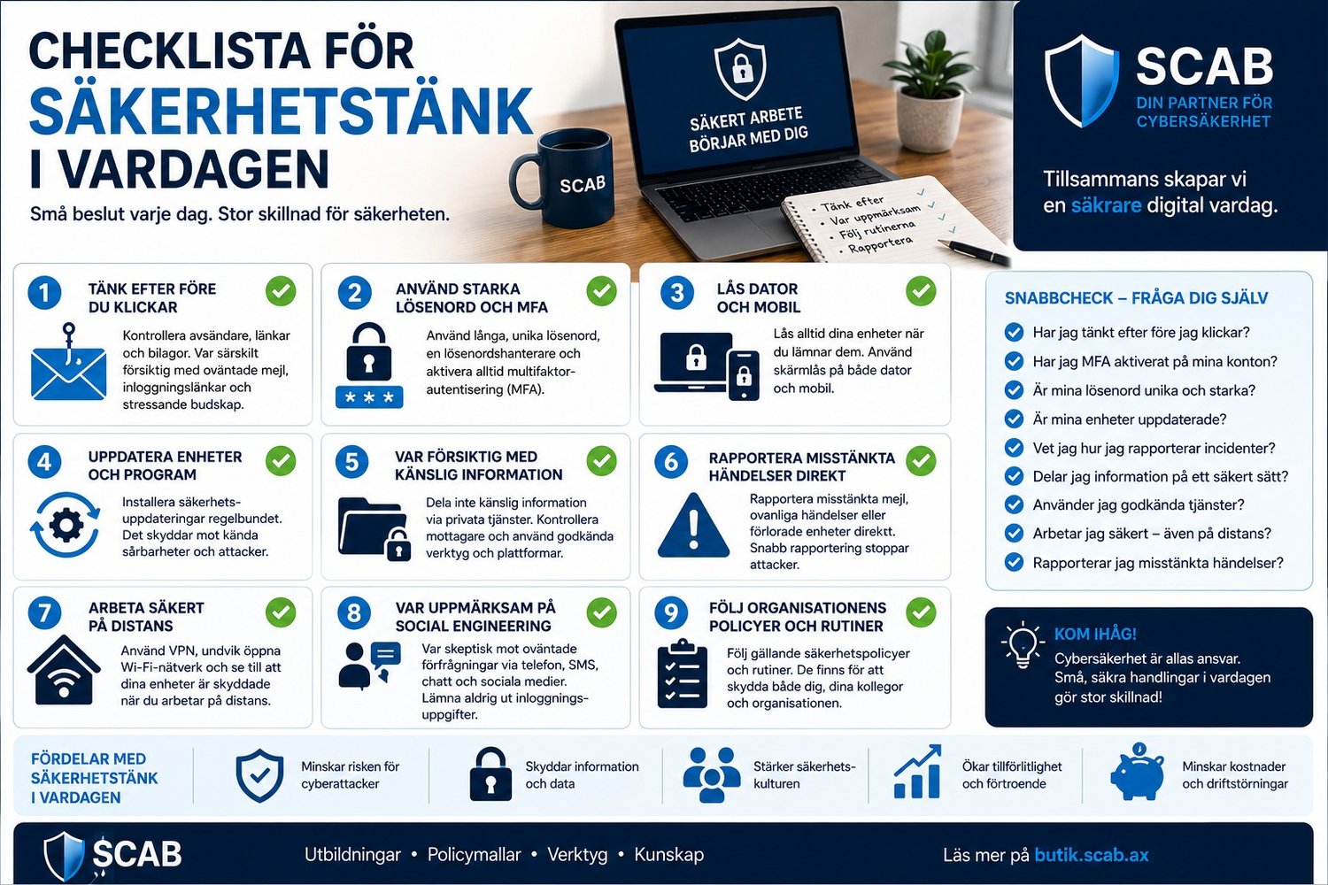 Illustration från SCAB med checklista för säkerhetstänk i vardagen inom cybersäkerhet, phishing, MFA och säkra digitala rutiner.