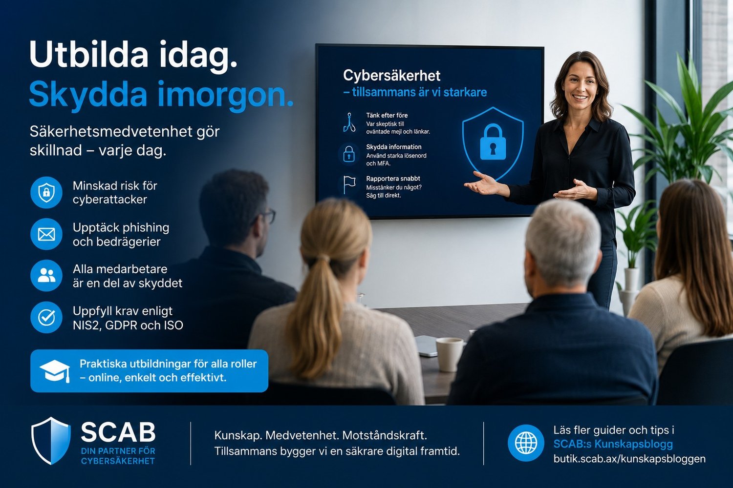 Illustration av cybersäkerhetsutbildning med fokus på phishing, NIS2, säkerhetsmedvetenhet och digital säkerhet från SCAB.