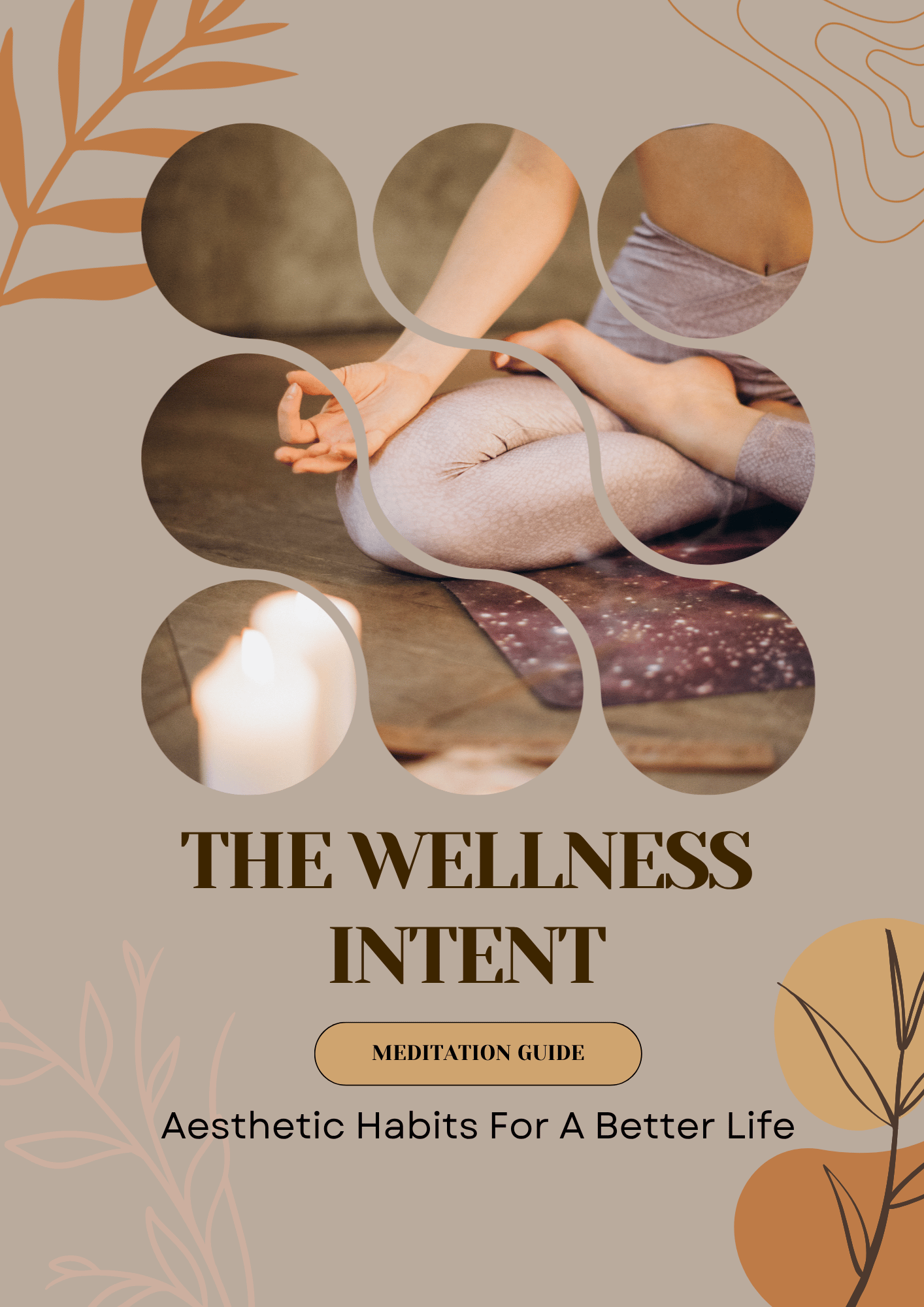 : Minimalist square eBook cover design for 'Daily Meditation' guide, featuring aesthetic photo grids of lifestyle mindfulness and serene textures in cream beige tones.