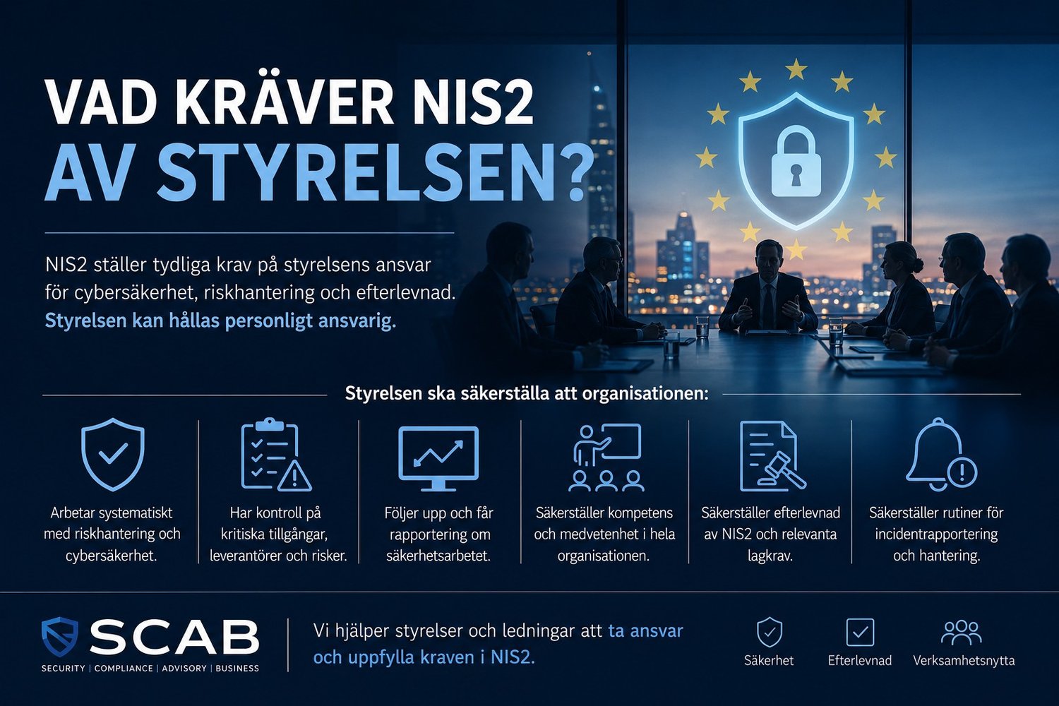 Styrelsemöte om NIS2 och cybersäkerhet där ledning diskuterar riskhantering, säkerhetsansvar och styrning enligt EU:s NIS2-direktiv.