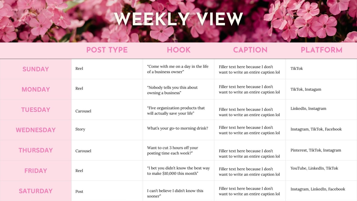 Example of Weekly Content Planner