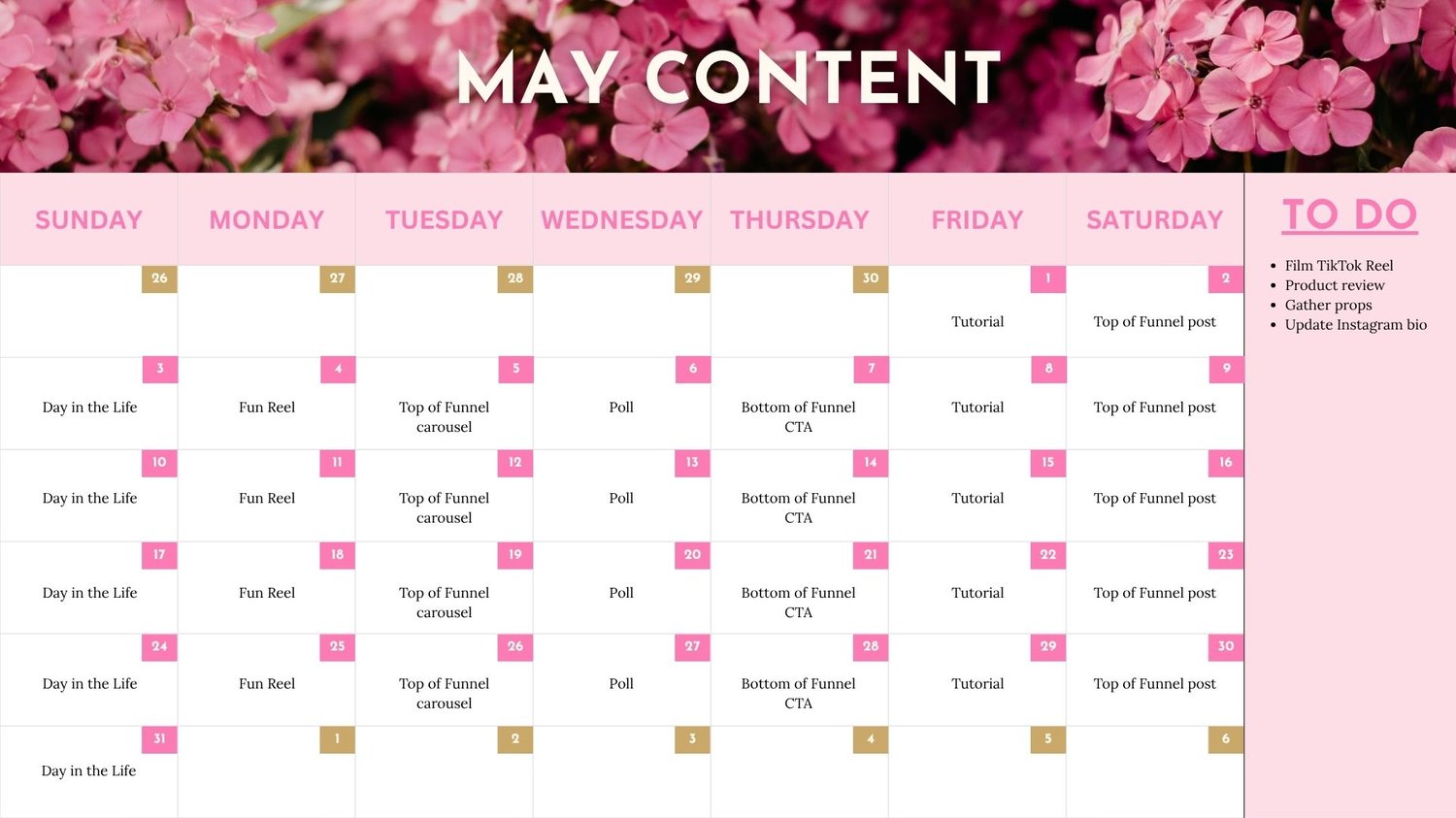 Example Monthly Content Planner