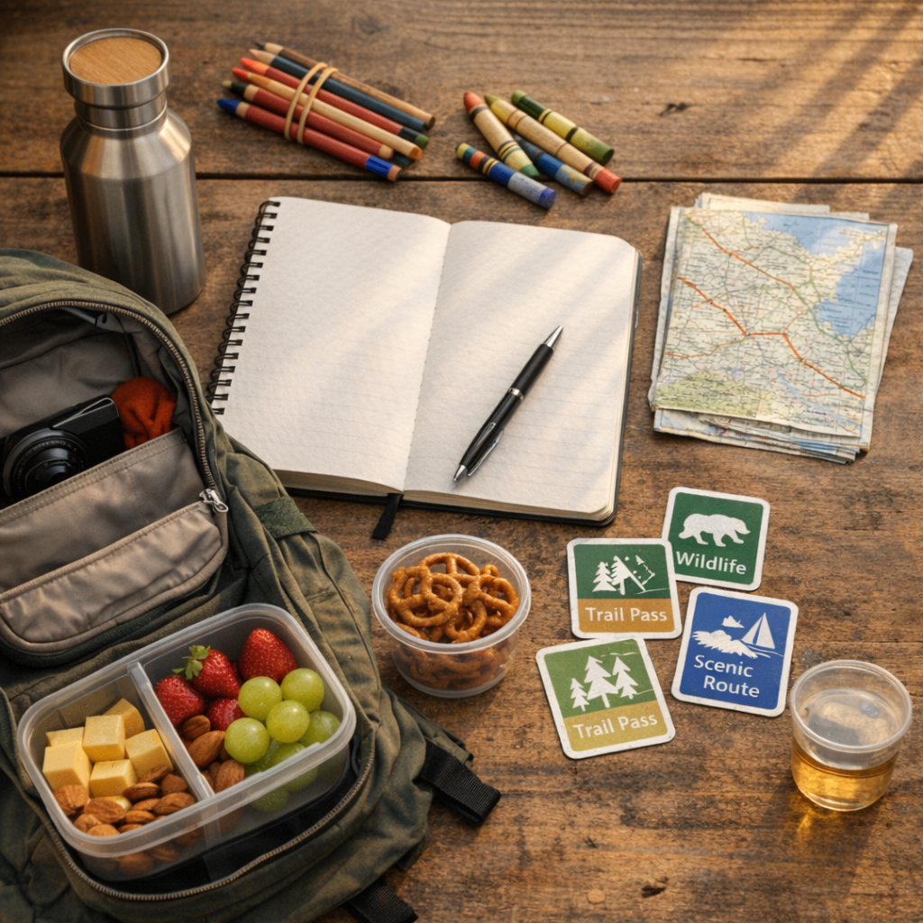 Overhead view of a family road trip setup with a backpack, snacks, crayons, maps, reusable activity cards, and a travel journal arranged on a wooden table in warm natural light.