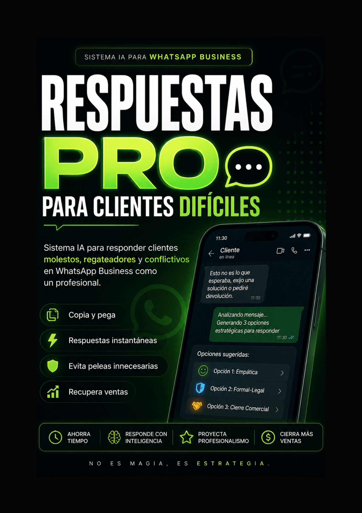 AI WhatsApp Business customer response system cover in neon green and black design for handling difficult clients professionally