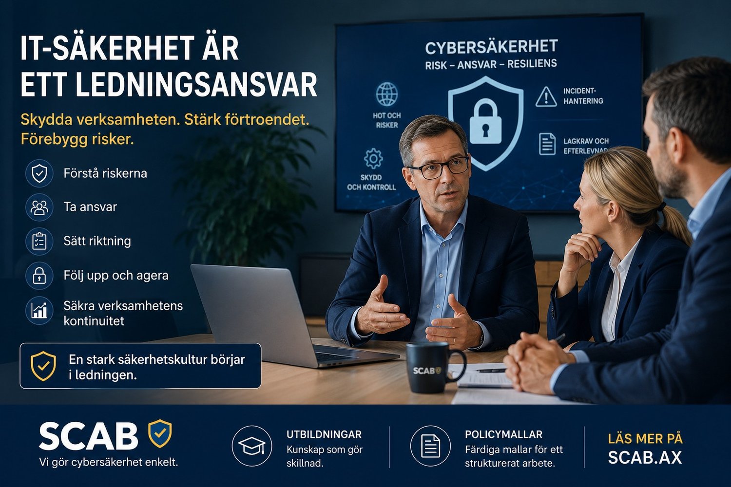 Ledningsgrupp som diskuterar cybersäkerhet, NIS2 och IT-säkerhet med fokus på riskhantering och styrelseansvar. Illustration för SCAB:s kunskapsblogg.