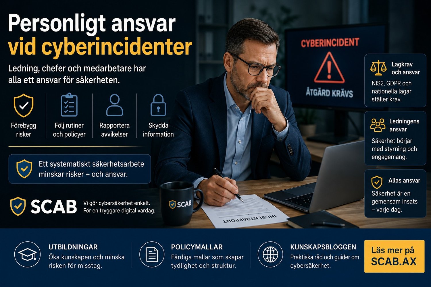 Illustration om personligt ansvar vid cyberincidenter med fokus på cybersäkerhet, NIS2, riskhantering och säkerhetsarbete för ledning och personal hos SCAB.
