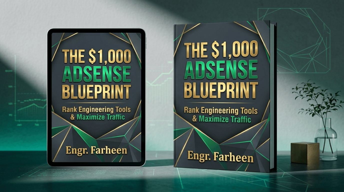 Digital product bundle display featuring a minimalist tablet screen and a physical book cover of The $1,000 AdSense Blueprint side by side, highlighting a programmatic SEO strategy guide for engineering tool websites.