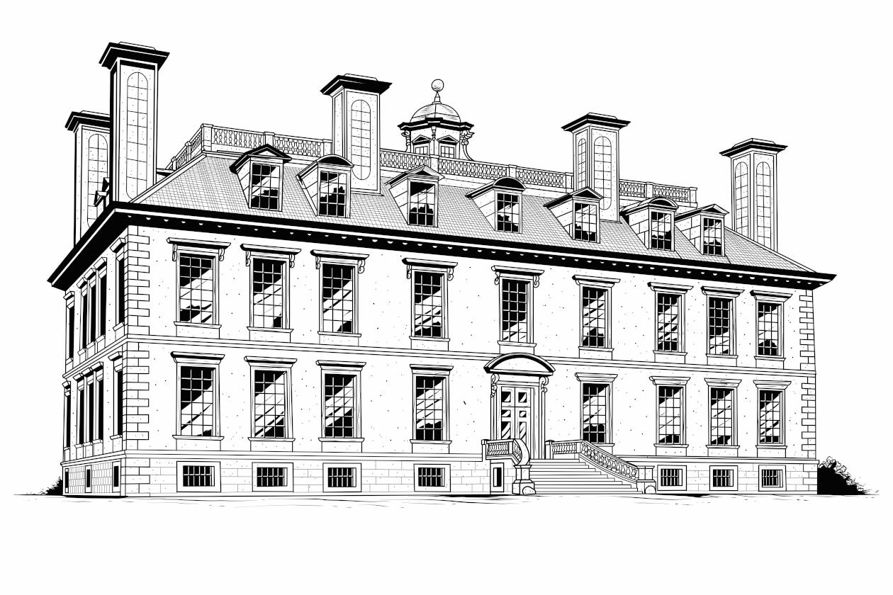 Hand-drawn illustration of Langton Manor, the gothic English manor house at the centre of the Langton Manor printable escape room game