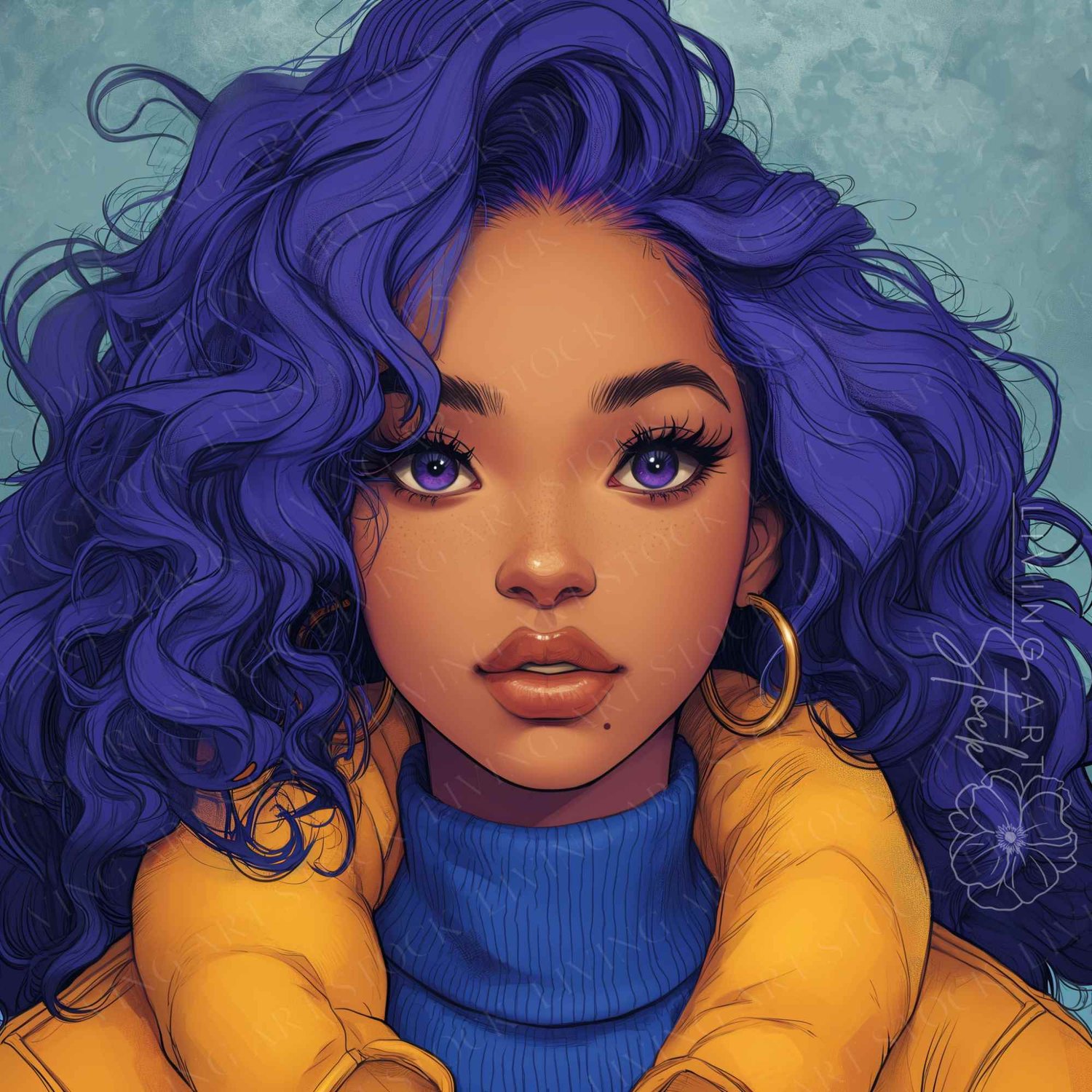 Digital art illustration of a young woman with warm skin, freckles, and striking purple eyes, framed by voluminous, curly violet-blue hair. She is wearing a blue turtleneck, a bright yellow puffer jacket, and gold hoop earrings against a textured blue bac