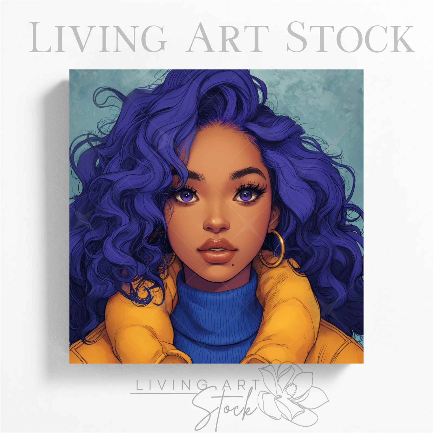 Digital art illustration of a young woman with warm skin, freckles, and striking purple eyes, framed by voluminous, curly violet-blue hair. She is wearing a blue turtleneck, a bright yellow puffer jacket, and gold hoop earrings against a textured blue bac