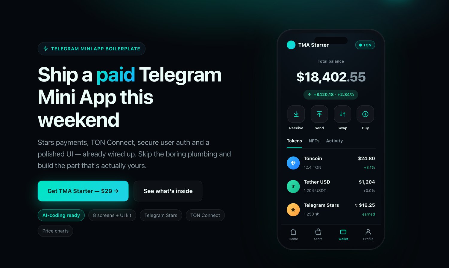 TMA Starter — Telegram Mini App boilerplate with wallet UI preview