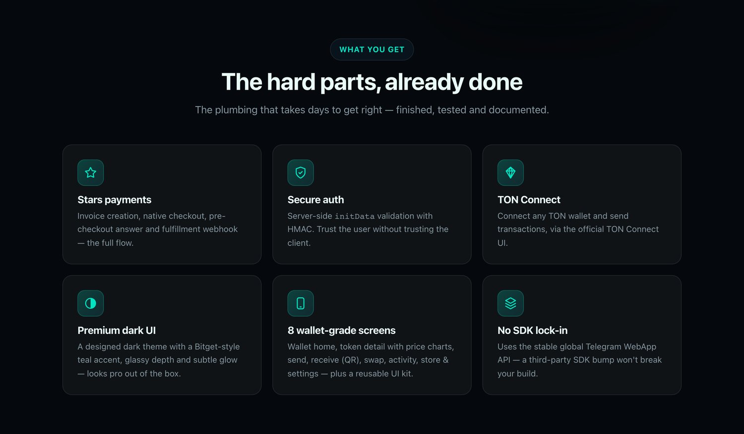 Features: Stars payments, TON Connect, secure auth, dark UI