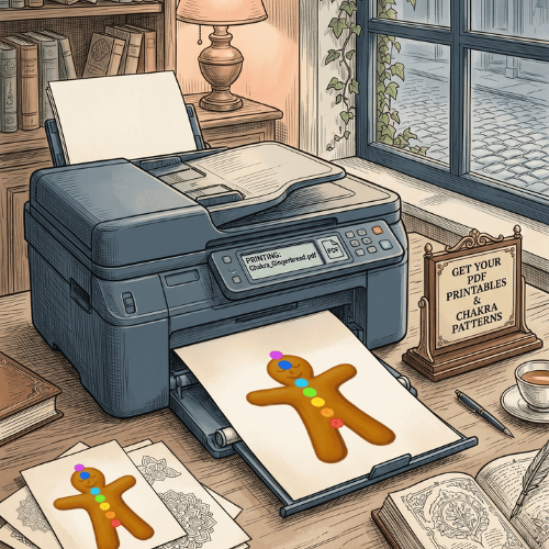 Gingerbread Chakra Cookie printed from a nice blue printer on a desk. Sacred geometry patterns