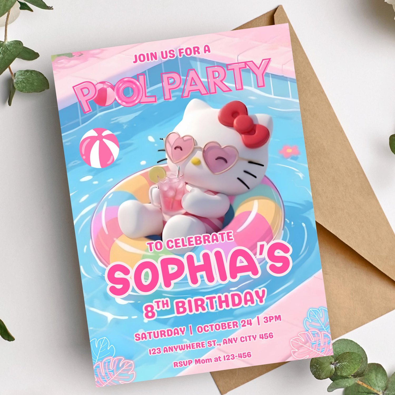 Printable Hello Kitty birthday pool party invitation template for girls editable online in Canva