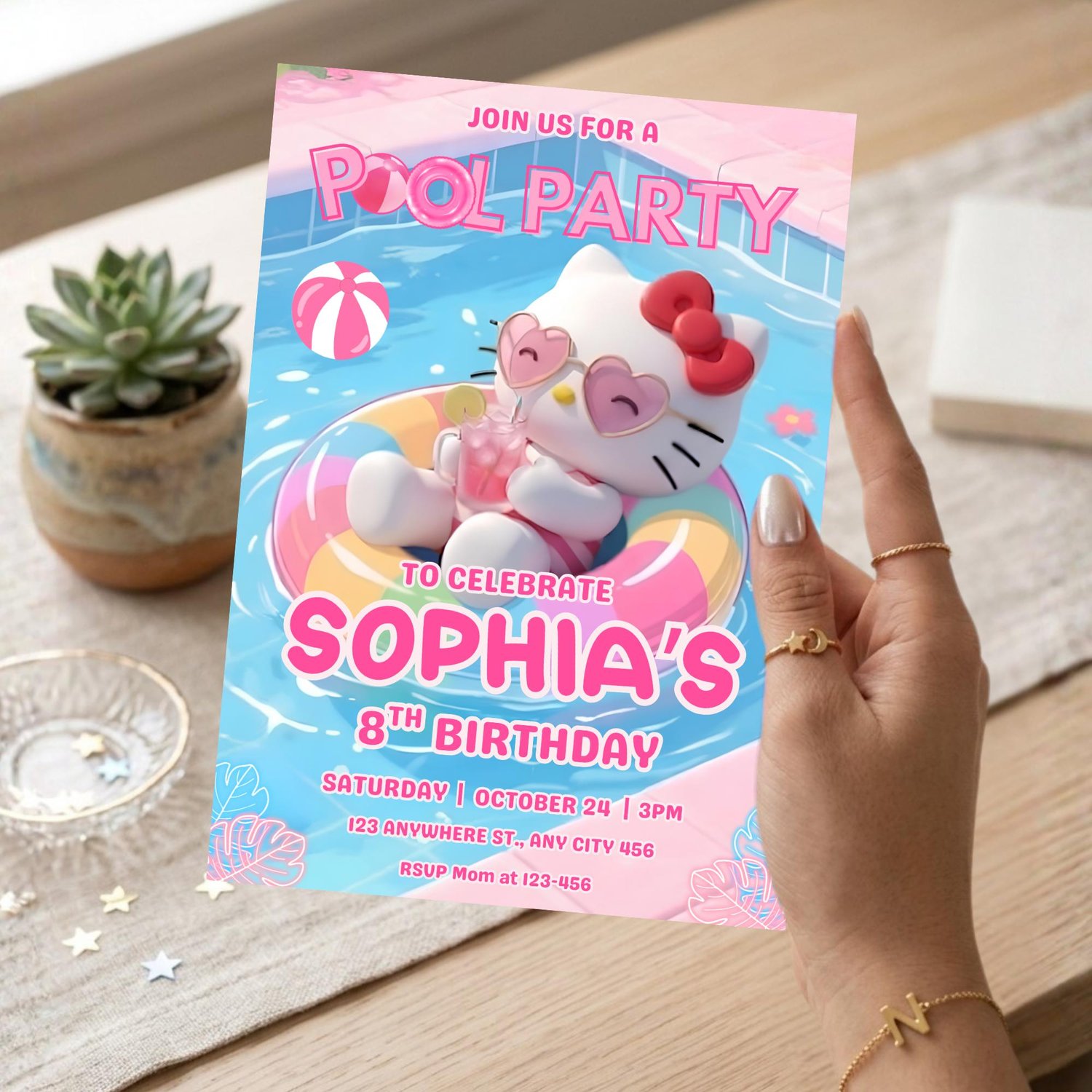 Kawaii pink Hello Kitty pool party birthday invite instant download Canva template for summer celebration