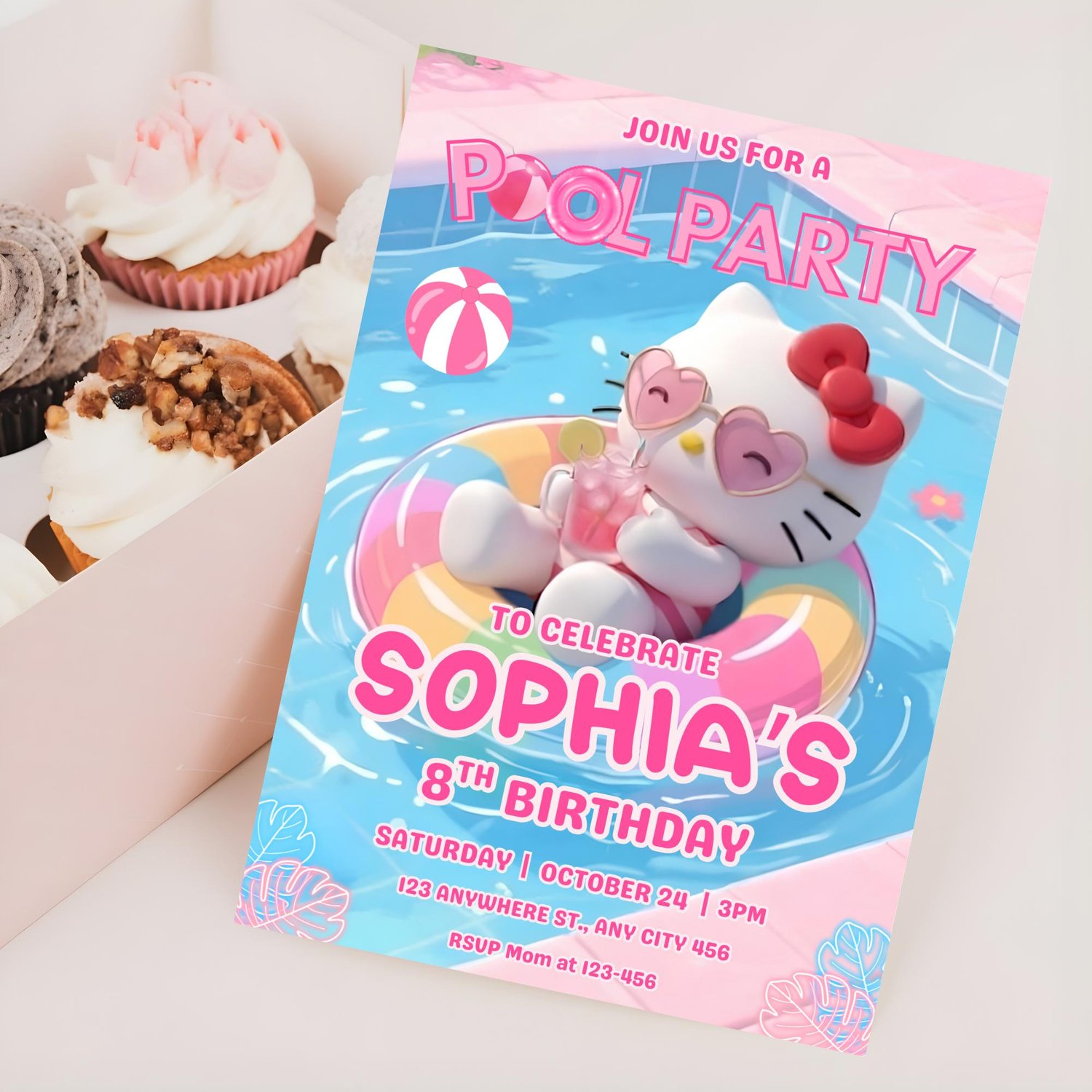 Cute Hello Kitty summer swim birthday invitation editable in Canva with pink pool party design