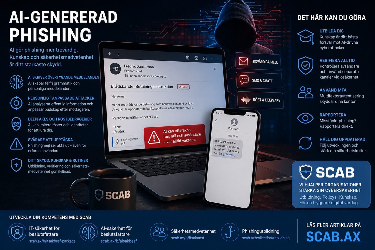 AI-genererad phishing med falska mejl, deepfake-bedrägerier och social engineering i modern cybersäkerhetsmiljö för säkerhetsmedvetenhet.