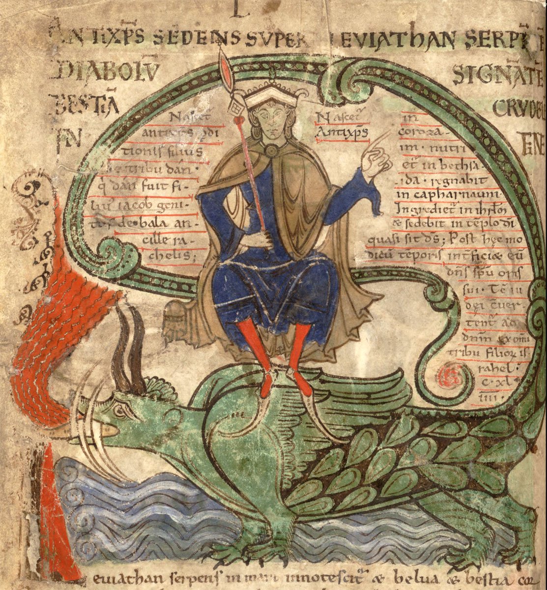 A page from an illuminated manuscript. A figure in a blue tunic, brown cloak and bright red tights sits on the back of a green dragon. The scaly dragon is breathing fire and it's tail curves over the figure's head. It is by some water shown with dark and 
