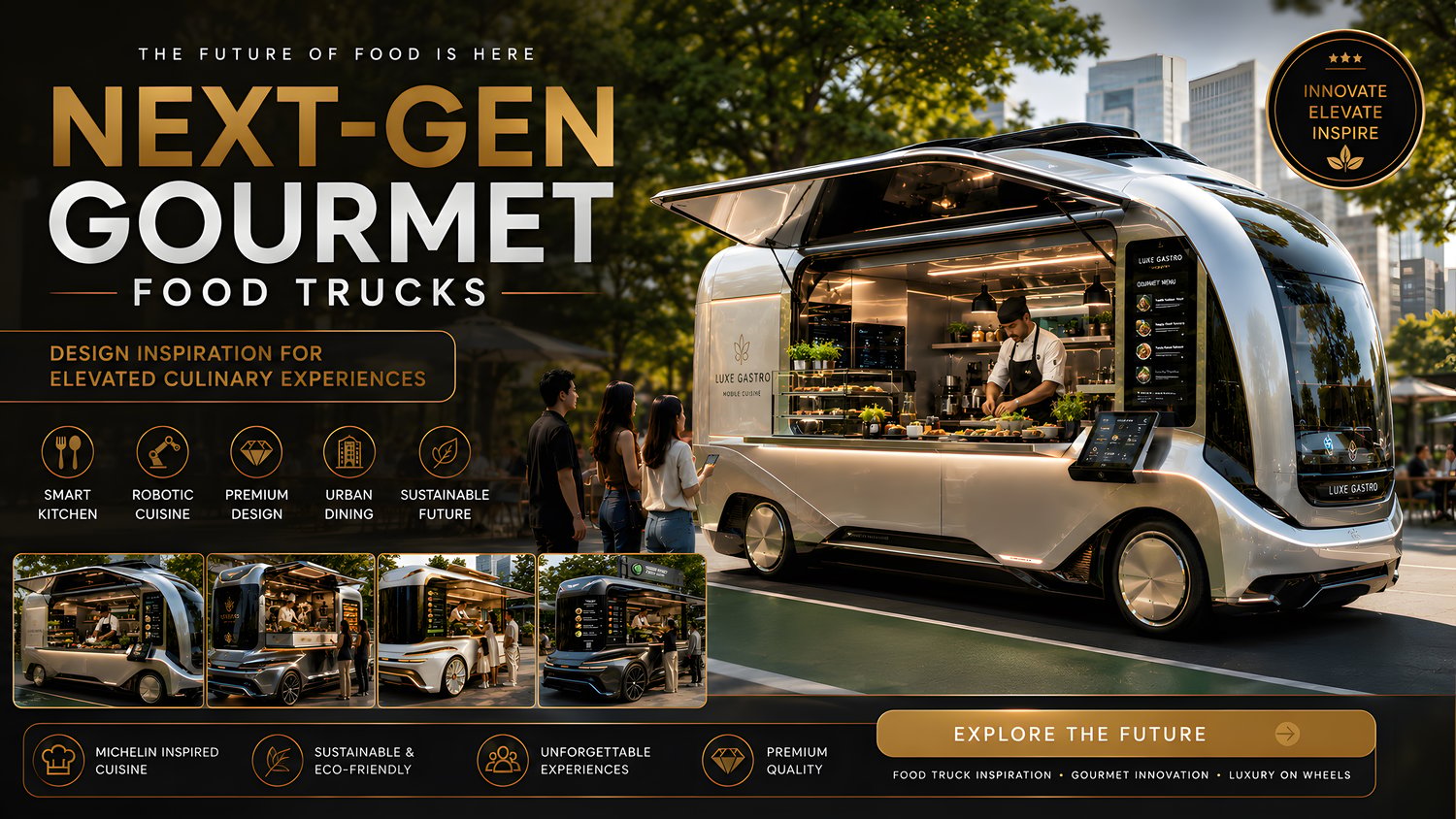 Explore ultra-premium gourmet food truck concepts featuring sleek architecture, luxury interiors, high-end branding, and Michelin-inspired presentation. Perfect inspiration for food truck startups, culinary brands, restaurant innovation, and futuristic ho