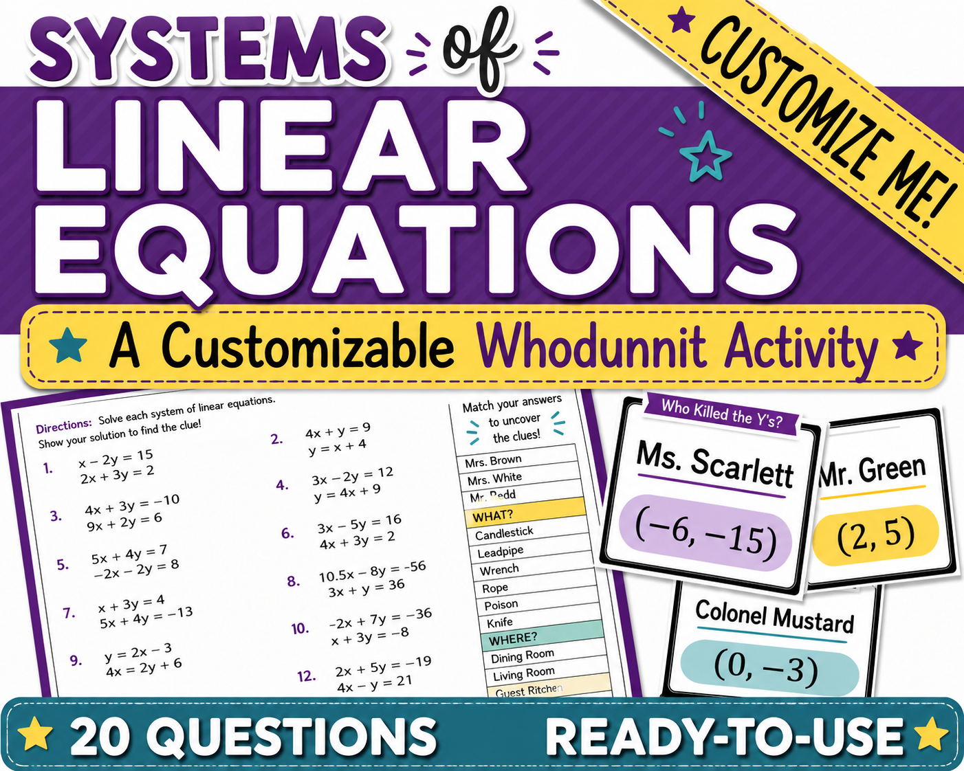 Solving Systems of Linear Equations Mystery Scavenger Hunt | Print or Digital Activity