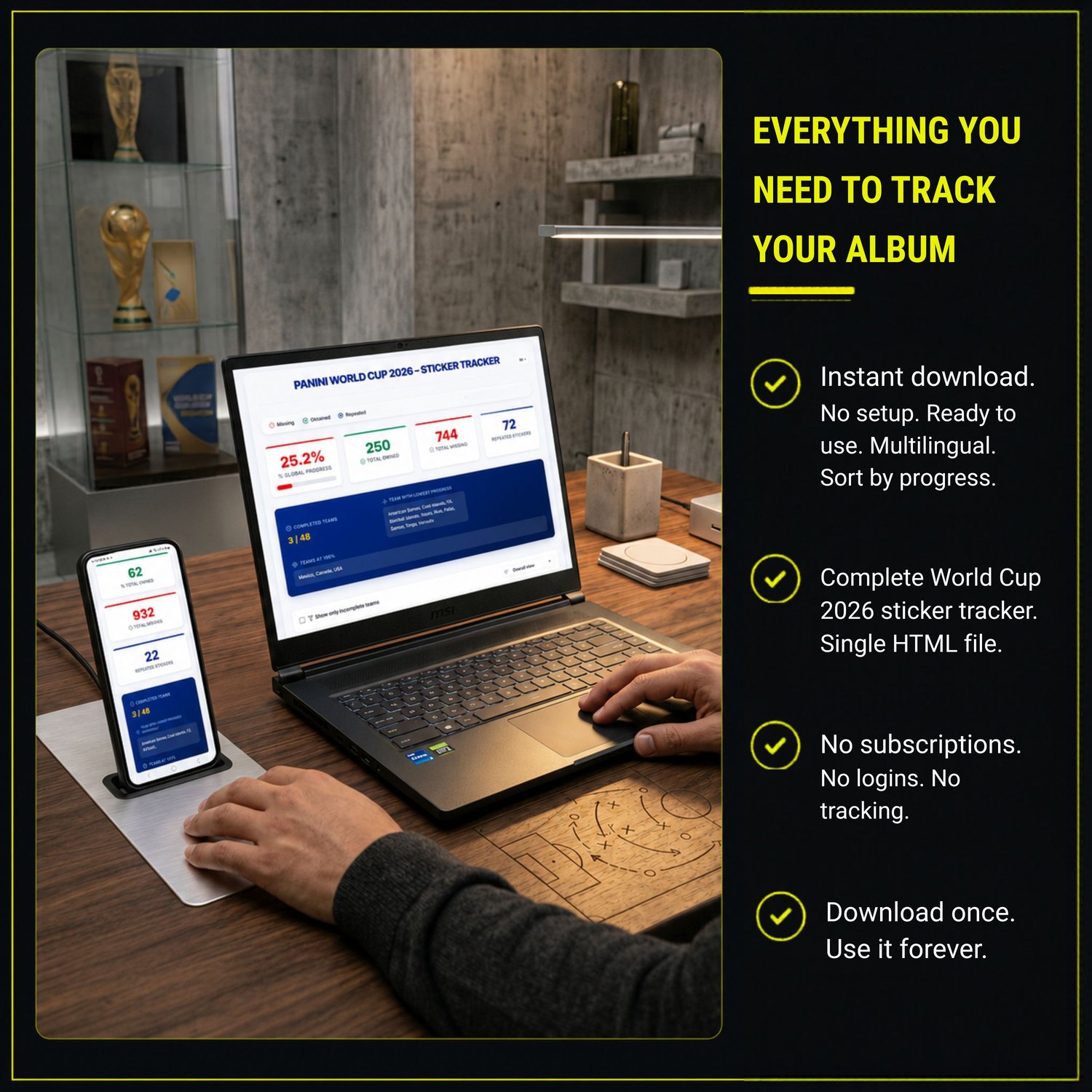 Summary of features included in the free demo download of the offline HTML sticker tracker for desktop and mobile devices.