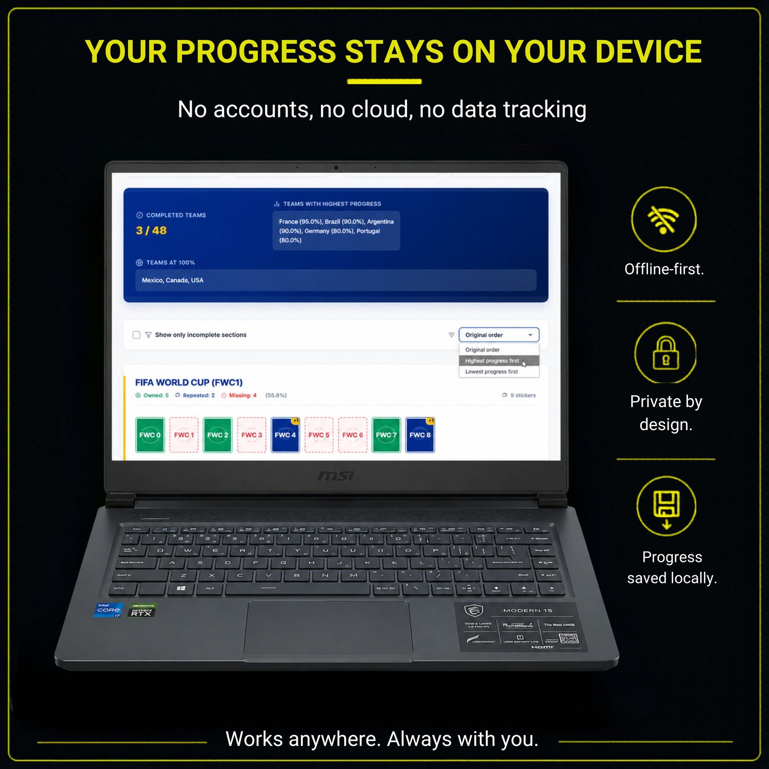 Laptop screen displaying the offline, private auto-save capabilities of the Panini World Cup 2026 sticker tracker app.