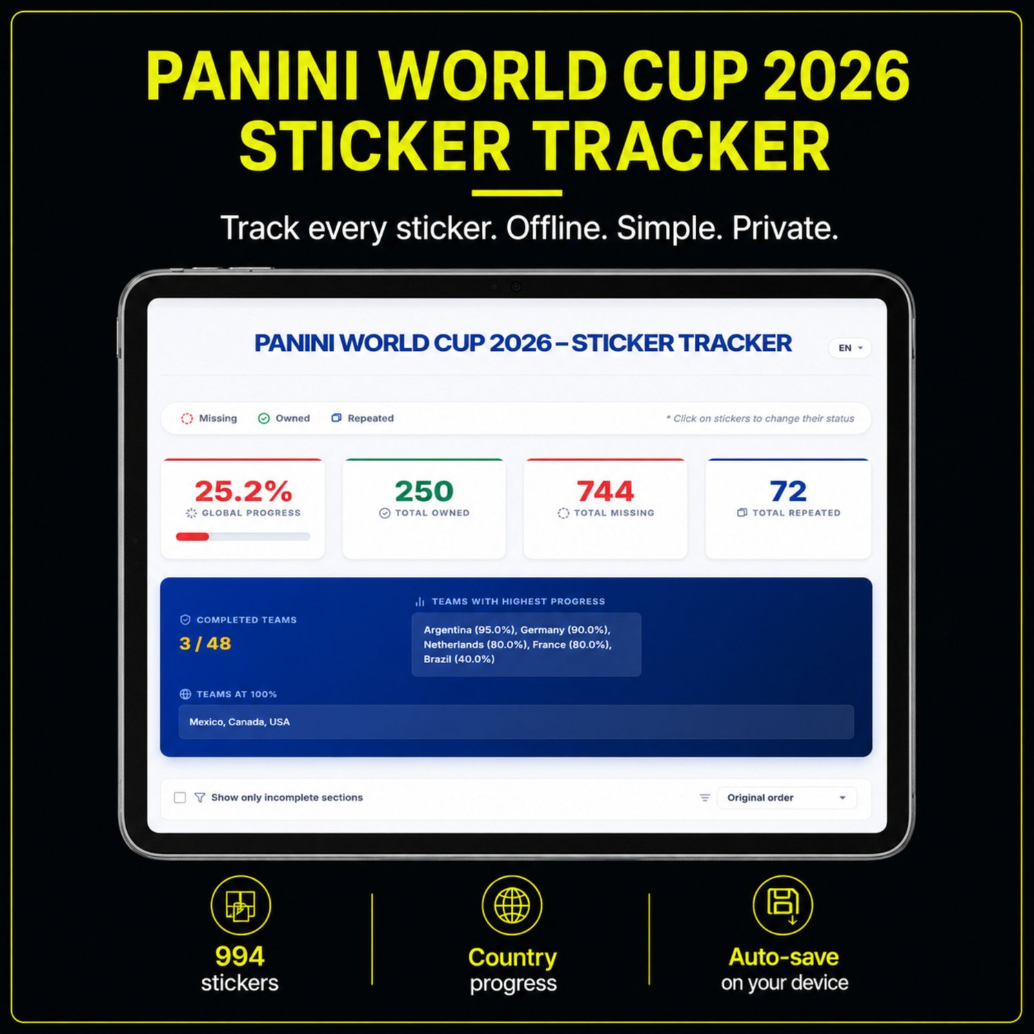 Main dashboard of the Panini World Cup 2026 Sticker Tracker free demo version displayed on a tablet.