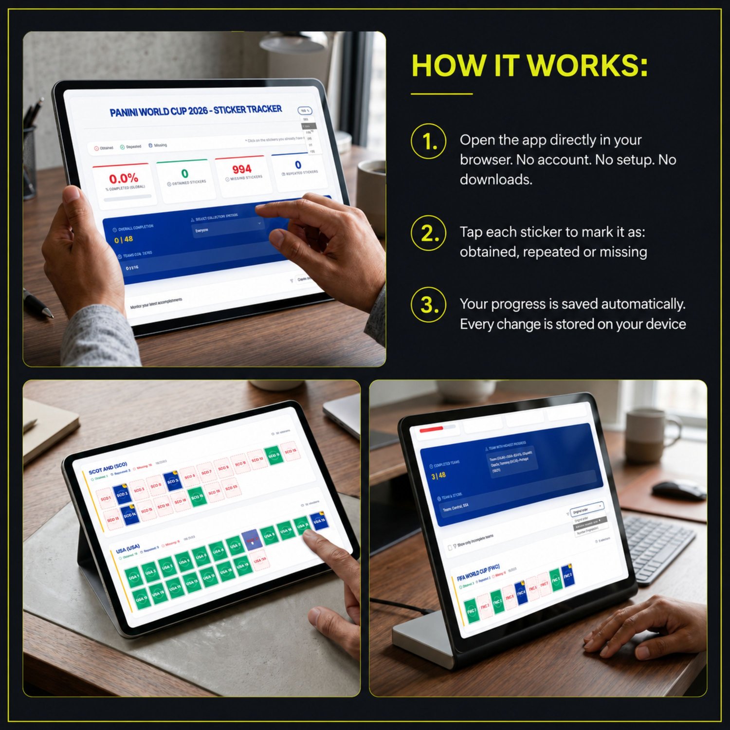 Image of the same tablet showing in three simple steps how the application works