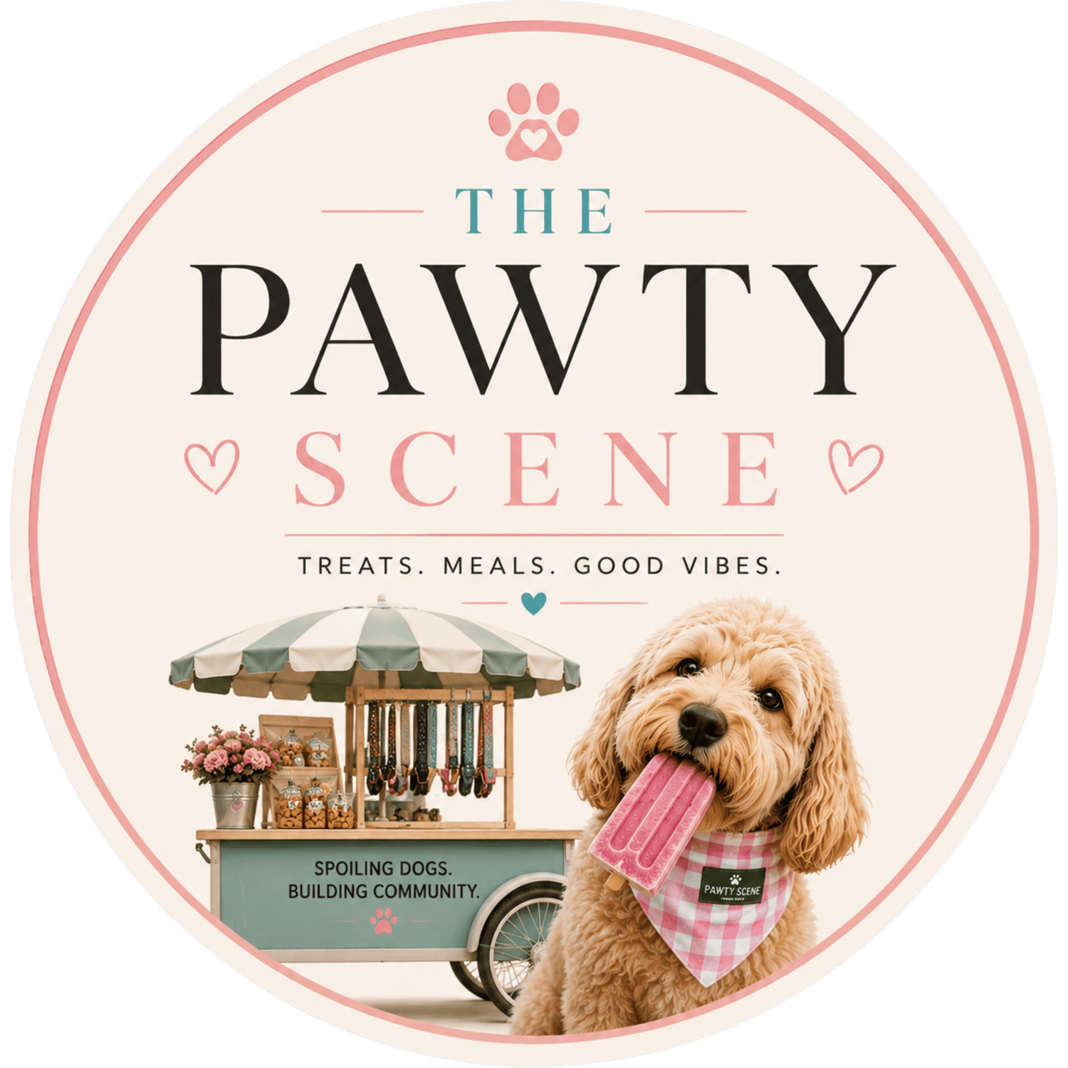 THE PAWTY SCENE pet boutique logo for custom dog accessories, healthy pet treats, dog birthday boxes, Chicago dog mom apparel, and luxury pet products.