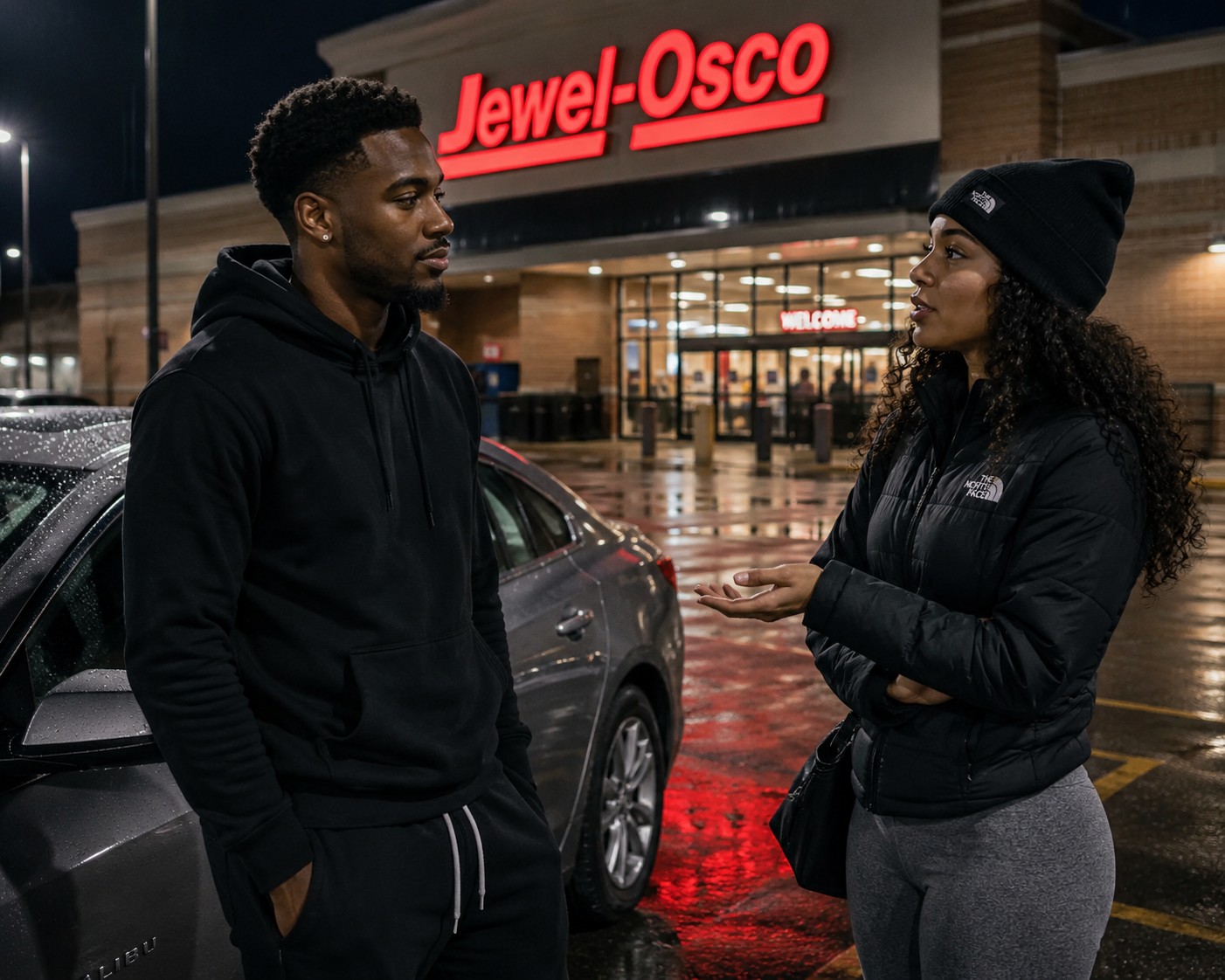 Nighttime conversation in the parking lot