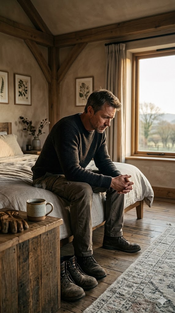 Exhausted man sitting on bed at sunrise showing emotional burnout and deep fatigue.