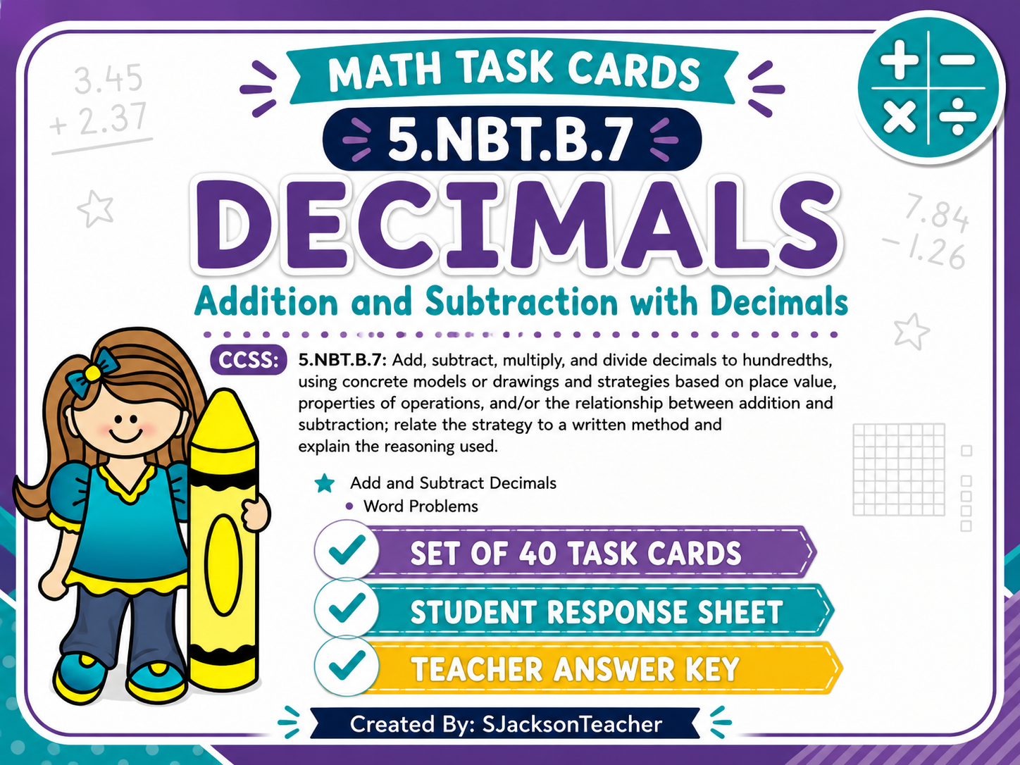 5.NBT.B.7 Math Task Cards | Adding & Subtracting Decimals Activities