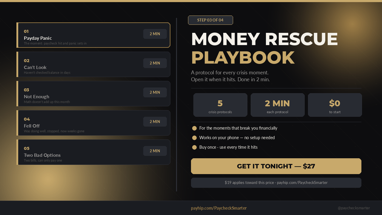 Money Rescue Playbook digital download — 5 financial crisis protocol cards each taking 2 minutes on phone by Paycheck Smarter