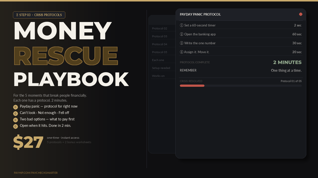 Money Rescue Playbook digital download — 5 financial crisis protocol cards each taking 2 minutes on phone by Paycheck Smarter