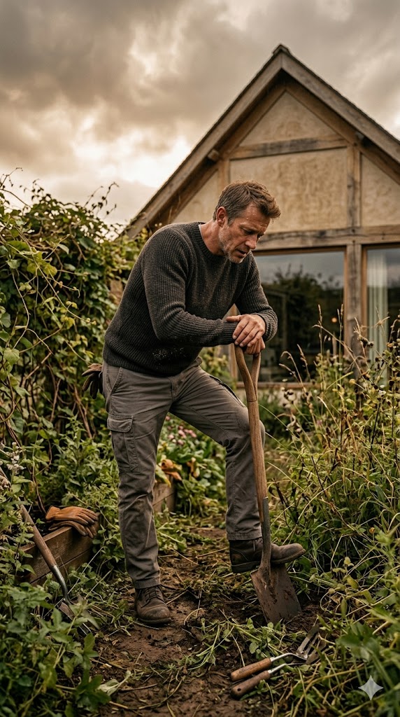 A realistic outdoor scene of a gardener struggling with simple backyard work, leaning on a shovel while catching breath, cloudy dramatic sky, visible exhaustion, overgrown garden around him, emotional realism, subtle sweat and fatigue, cinematic photography style, warm earthy tones, highly detailed textures, emotional storytelling, premium documentary aesthetic, vertical Pinterest format, natural lighting, feeling of physical weakness and lost energy