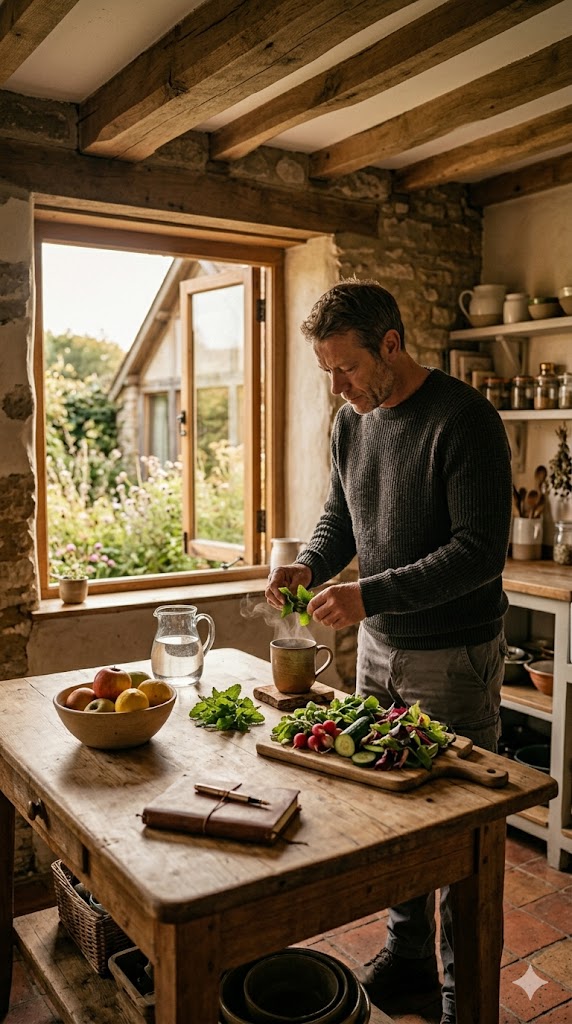 A man in a rustic kitchen prepares a meal by adding fresh greens to a steaming mug on a wooden table. The table also holds a bowl of fruit, a cutting board with vegetables, a pitcher of water, and a notebook. Sunlight from a window illuminates the scene, which features exposed stone walls and timber beams.