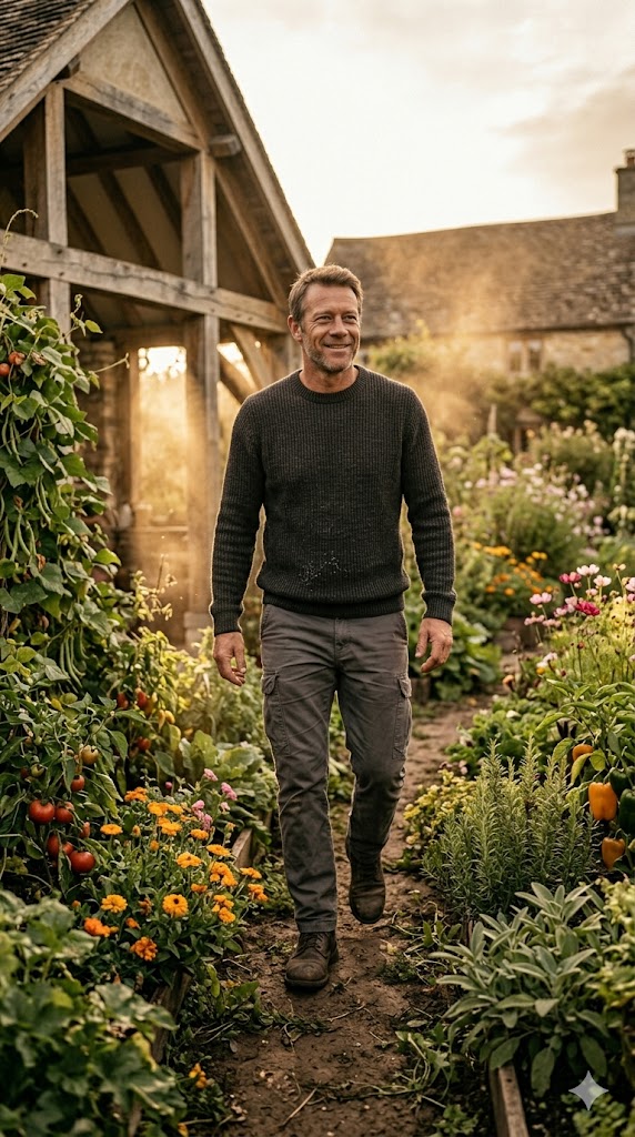 Inspirational cinematic scene of a strong outdoorsman walking confidently through a thriving backyard garden at golden hour, healthy energetic posture, vibrant plants surrounding him, emotional comeback story atmosphere, realistic lifestyle photography, warm sunlight rays, premium wellness campaign aesthetic, highly detailed textures, hopeful mood, subtle rugged masculinity, vertical Pinterest composition