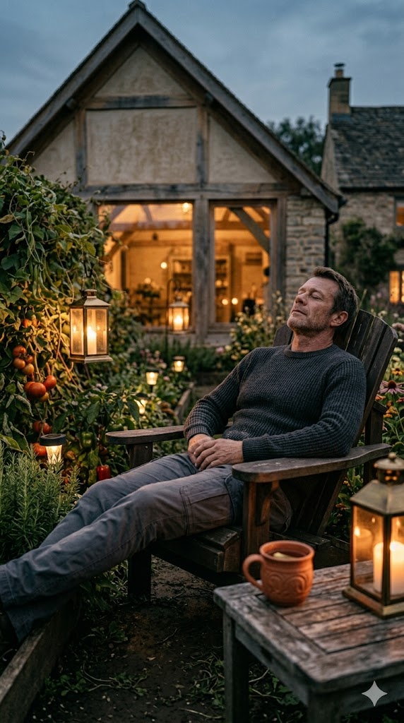 Serene evening backyard scene with a person relaxing peacefully beside a small garden after a long day, soft lantern lighting, calm atmosphere, wooden chair, gentle breeze moving plants, emotional feeling of recovery and balance, cinematic realistic photography, warm moody tones, highly detailed textures, peaceful wellness storytelling, vertical Pinterest style composition