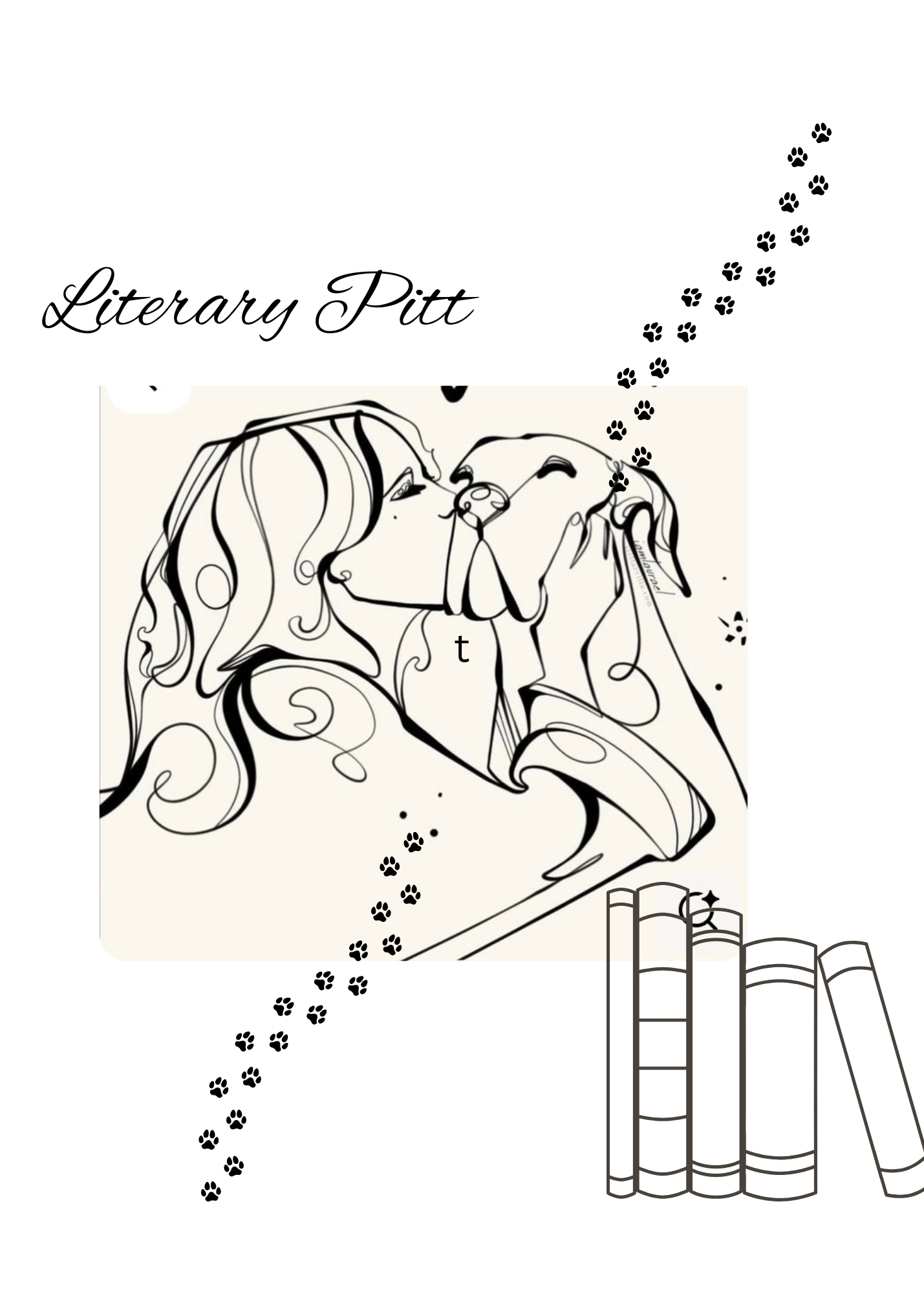 line drawing of a woman with long hair kissing a dog and there are pawprints going up the page
