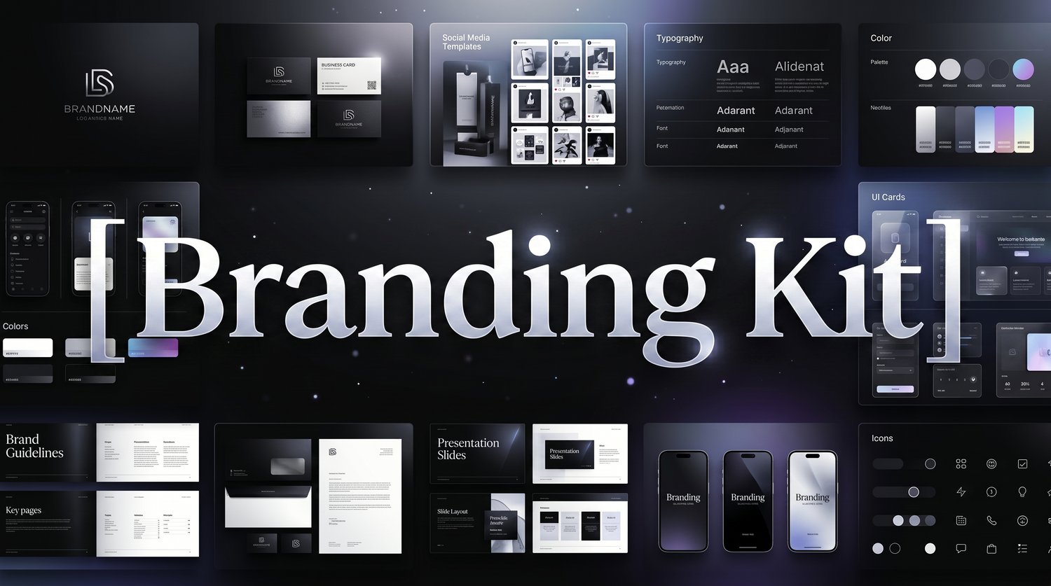"Premium Branding Kits Collection featuring complete brand identity templates, logo kits, typography, color palettes, business cards, social media templates, brand guidelines, marketing assets, and commercial-use resources for graphic designers, freelance