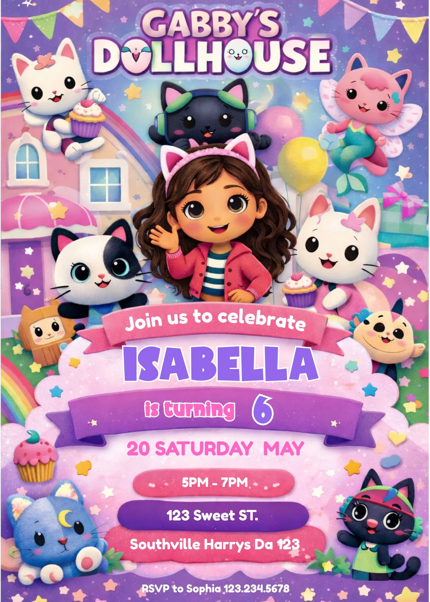 Gabbys Dollhouse birthday invitation template for girls. Editable digital birthday party invitation featuring Gabby and cute cat characters like Pandy Paws and MerCat. Pastel pink and purple starry background with festive balloons, cupcakes, and stars. P