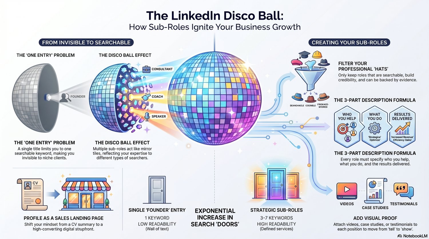 The LinkedIn Disco Ball: How Sub-Roles Ignite Your Business Growth. Left side shows the 'one entry problem' where a single job title makes you invisible to niche clients, versus the disco ball effect where multiple sub-roles act like mirror tiles, each re
