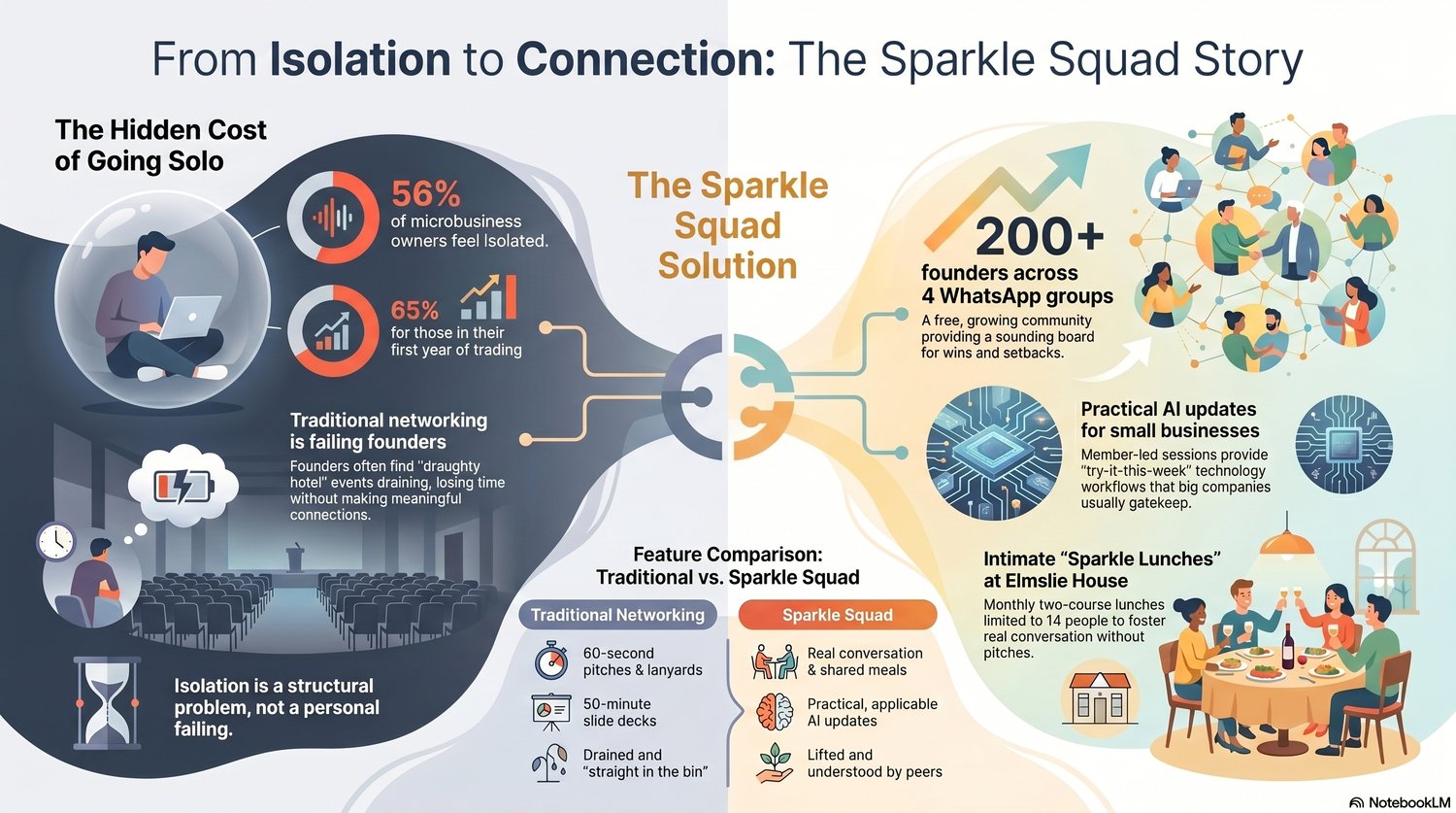 Alt text: Infographic titled "From Isolation to Connection: The Sparkle Squad Story". Left side shows "The Hidden Cost of Going Solo" with statistics (56% of microbusiness owners feel isolated, 65% in first year of trading) and illustrations of isolated f