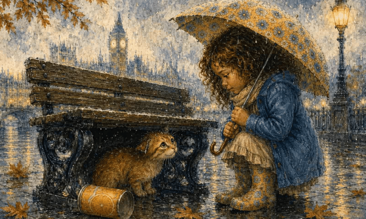 Watercolor-style banner for “Tang the Little Orange Kitten,” showing a little girl holding a floral umbrella while kneeling beside a tiny orange kitten under a rainy London bench near Big Ben and a red double-decker bus.