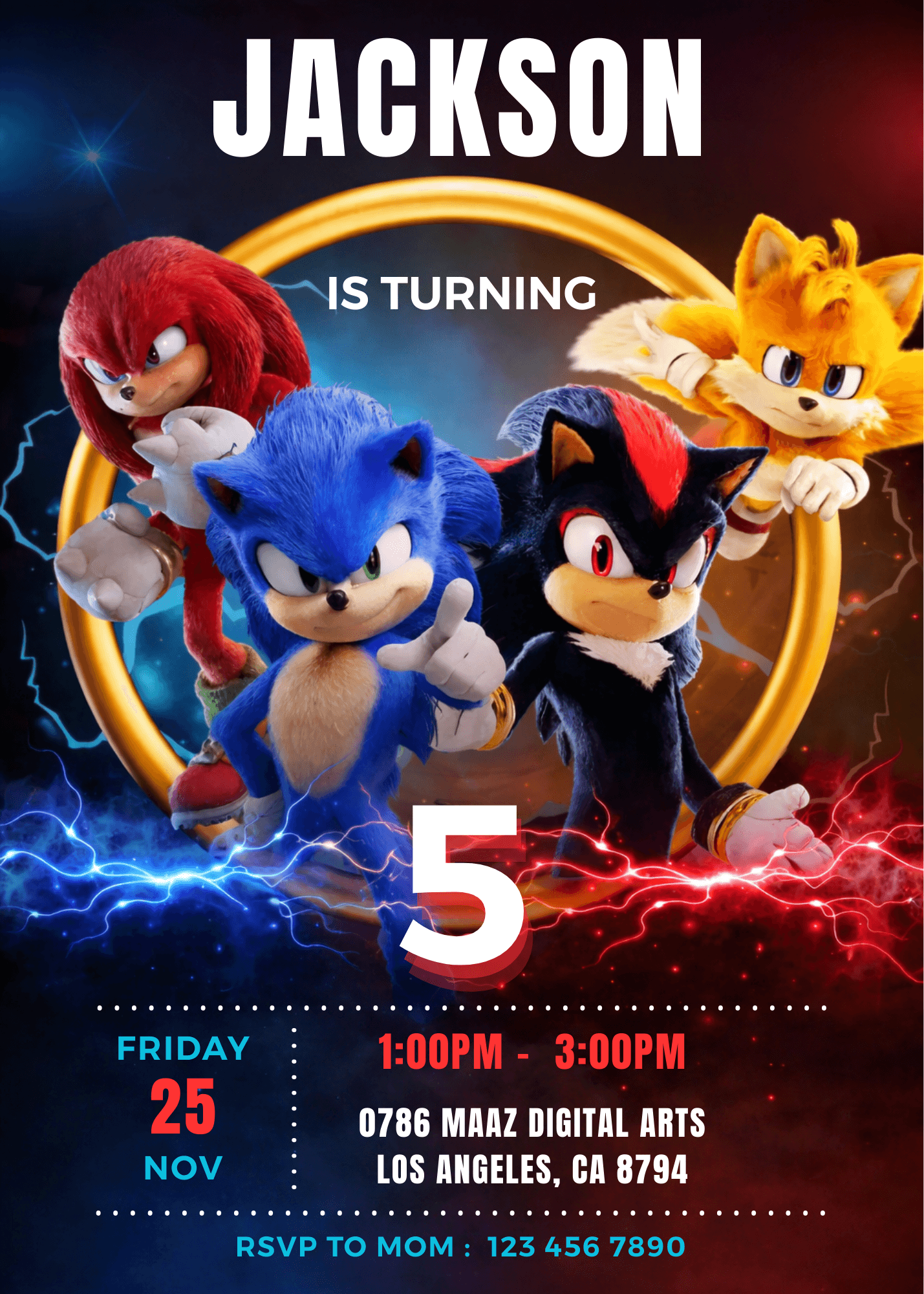 Sonic the Hedgehog birthday invitation template for a 5th birthday party, featuring Sonic, Shadow, Knuckles, and Tails inside a giant golden ring with blue and red lightning. This customizable digital download flyer includes placeholders for the name Jack