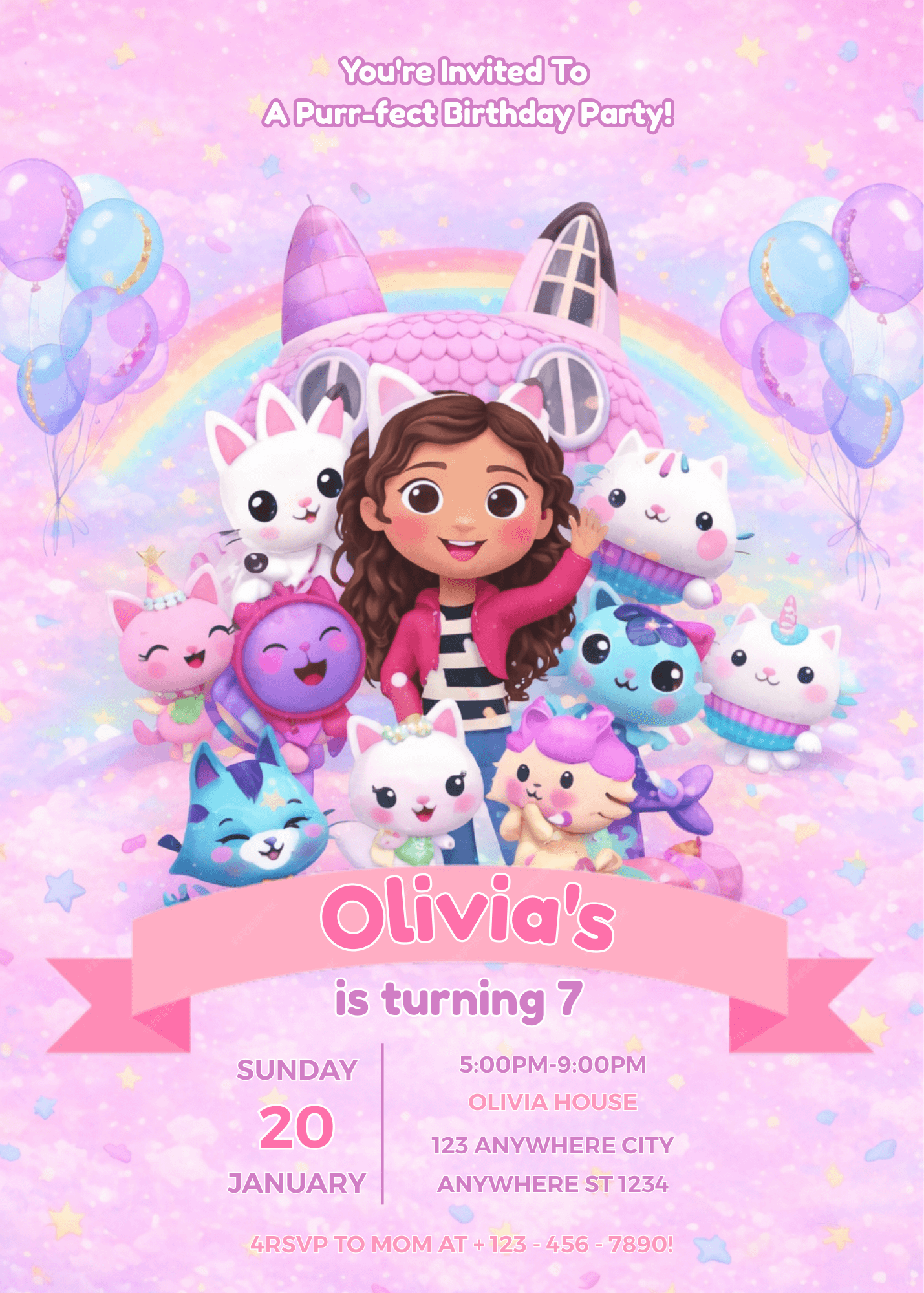 Gabby's Dollhouse birthday invitation design featuring Gabby and her cat friends for a girl's 7th birthday party. Customizable Gabby's Dollhouse birthday invitation template with a pastel pink starry sky, rainbow, and balloons background, perfect for a Ga